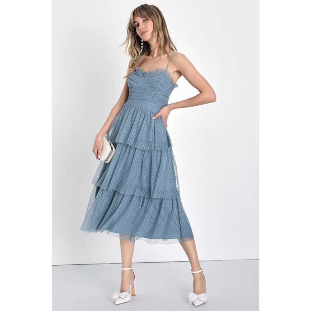 Lulus Sweetheart Style Slate Blue Polka Dot Bustier Tiered Midi Dress - Size M